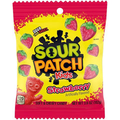 Sour Patch Kids strawberry peg bag candy, soft, chewy texture with tangy strawberry flavor for snacking.