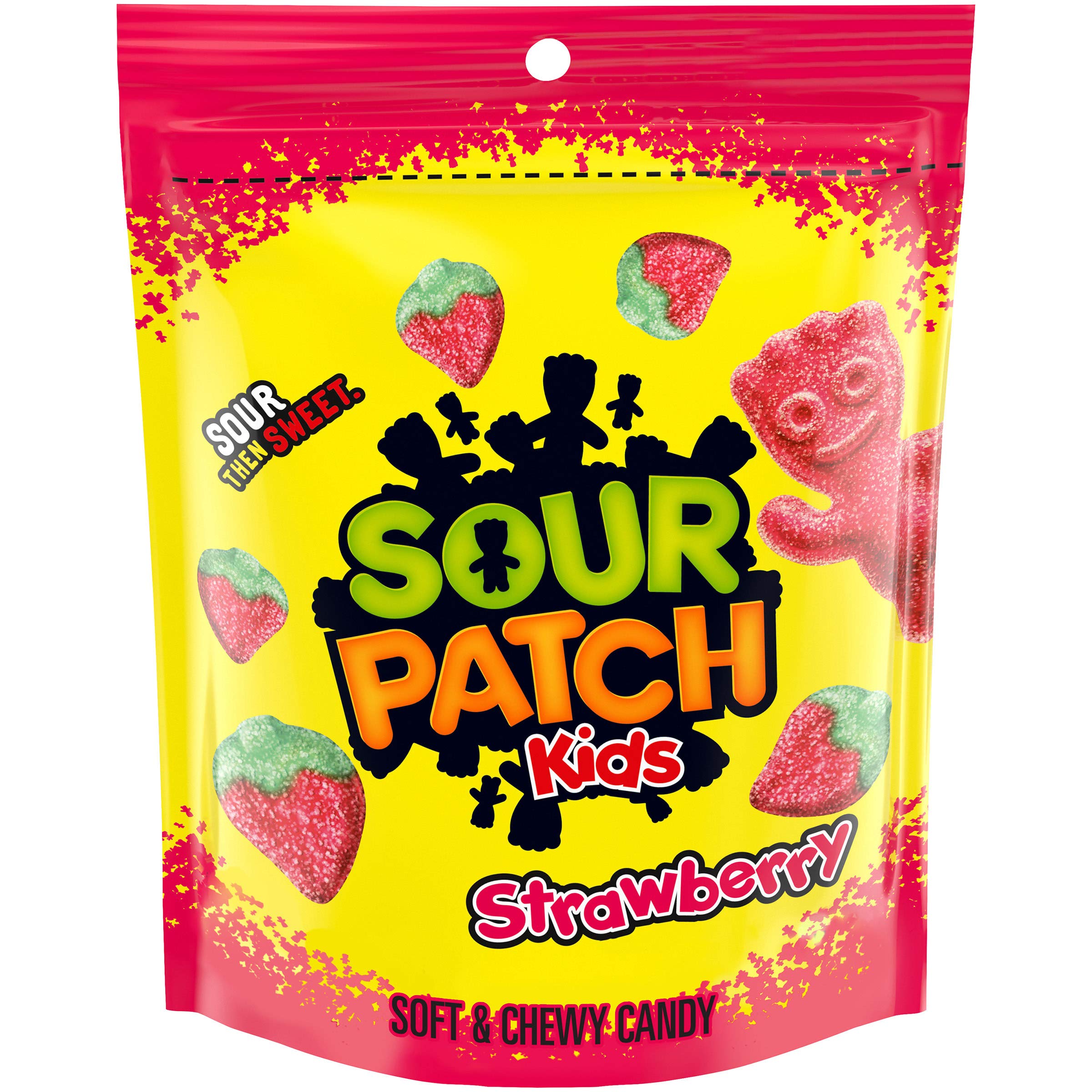 Sour Patch Kids Strawberry soft and chewy bag front view for sharing on road trips.
