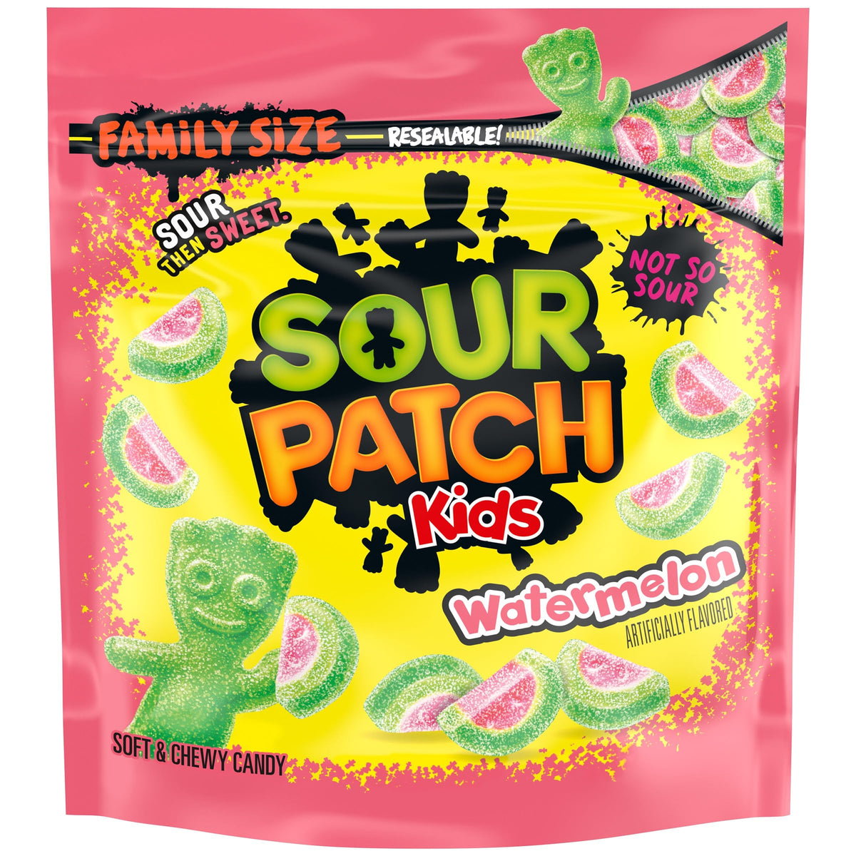 Sour Patch Kids Watermelon candy bag front, ideal for sharing at parties.