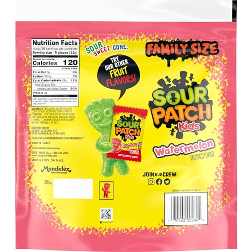 Sour Patch Kids Watermelon candy closeup highlights chewy slices and vibrant colors.