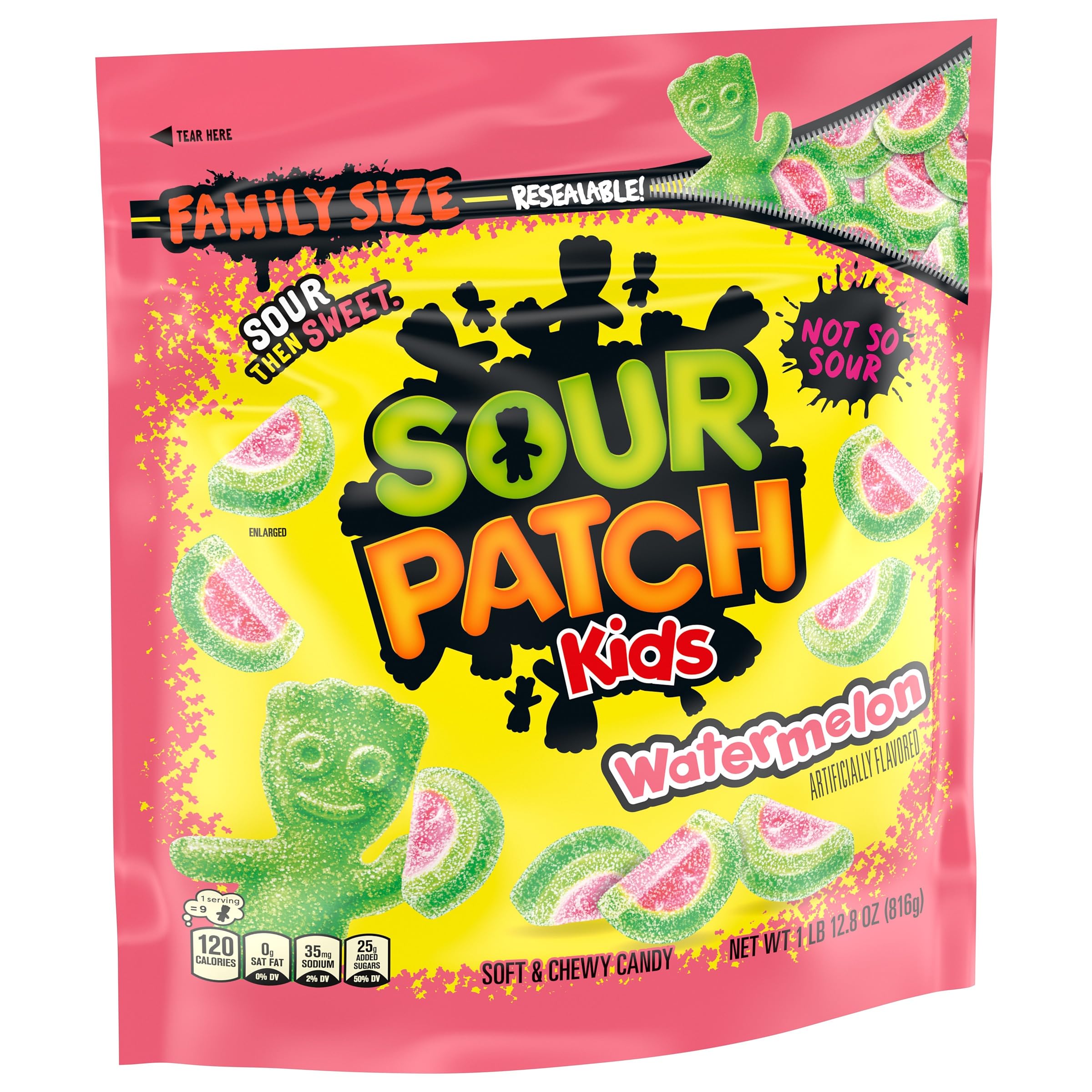 Sour Patch Kids Watermelon fat-free candy sealed bag preserves chewy texture.