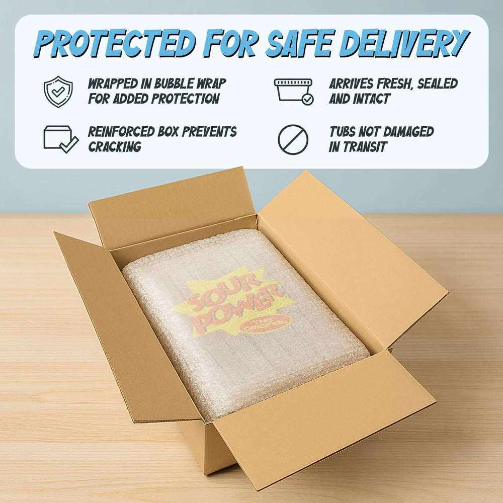 Sour Power Berry Blue Candy Belts bubble wrap protection during shipping.