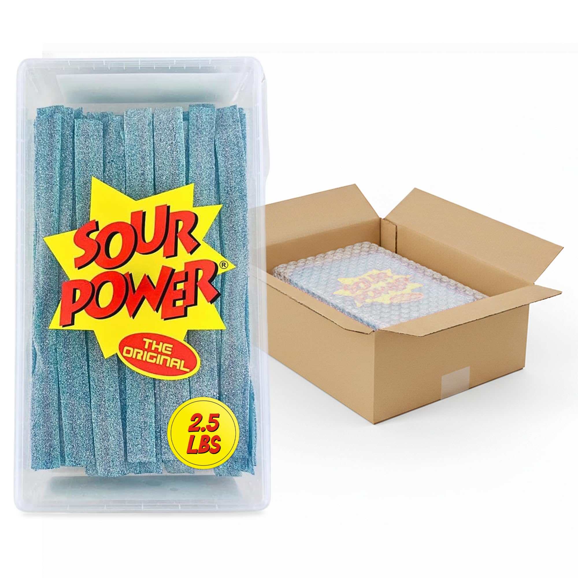 Sour Power Berry Blue Candy Belts bulk tub for sharing and party snacking.