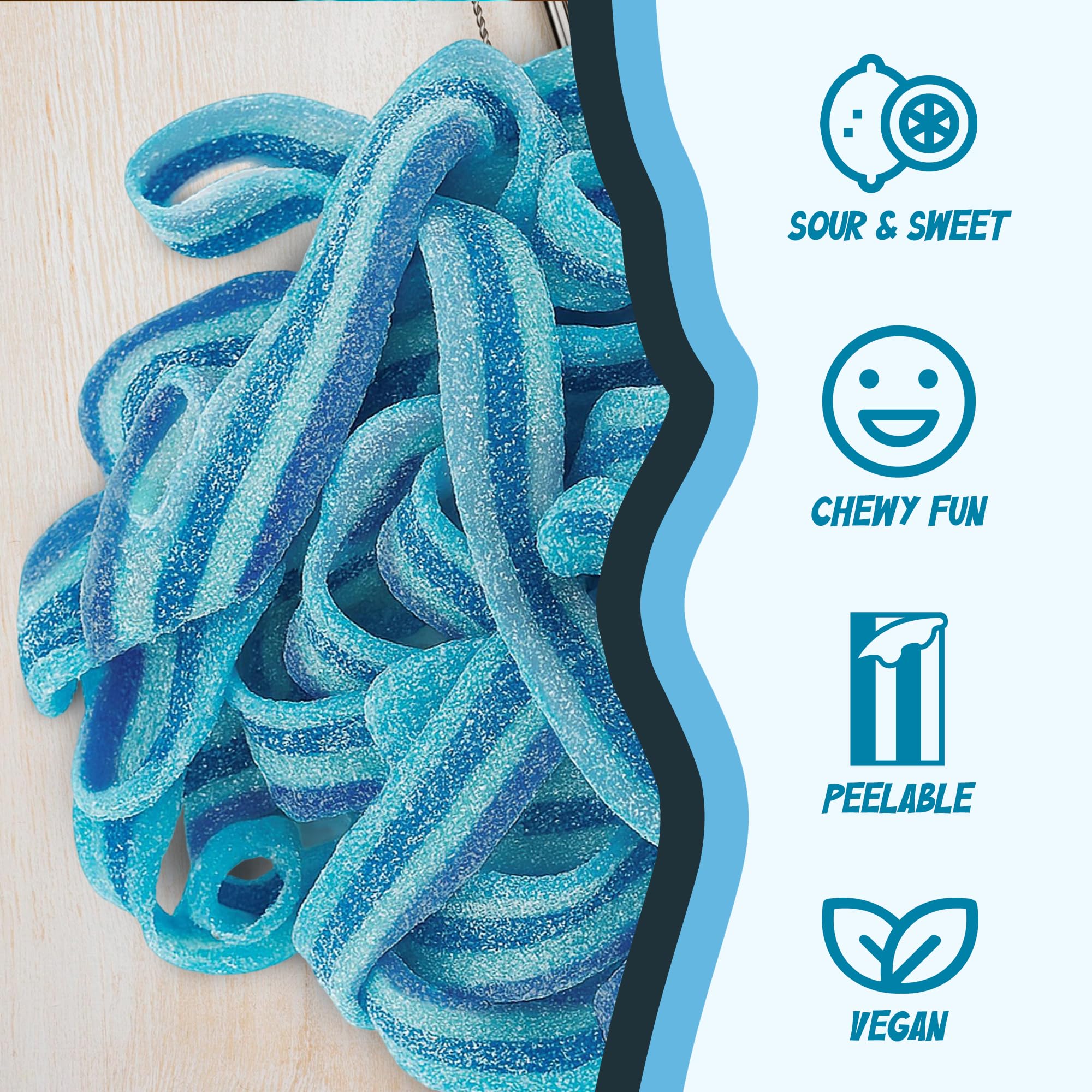 Sour Power Berry Blue Candy Belts colorful display for birthday celebrations.