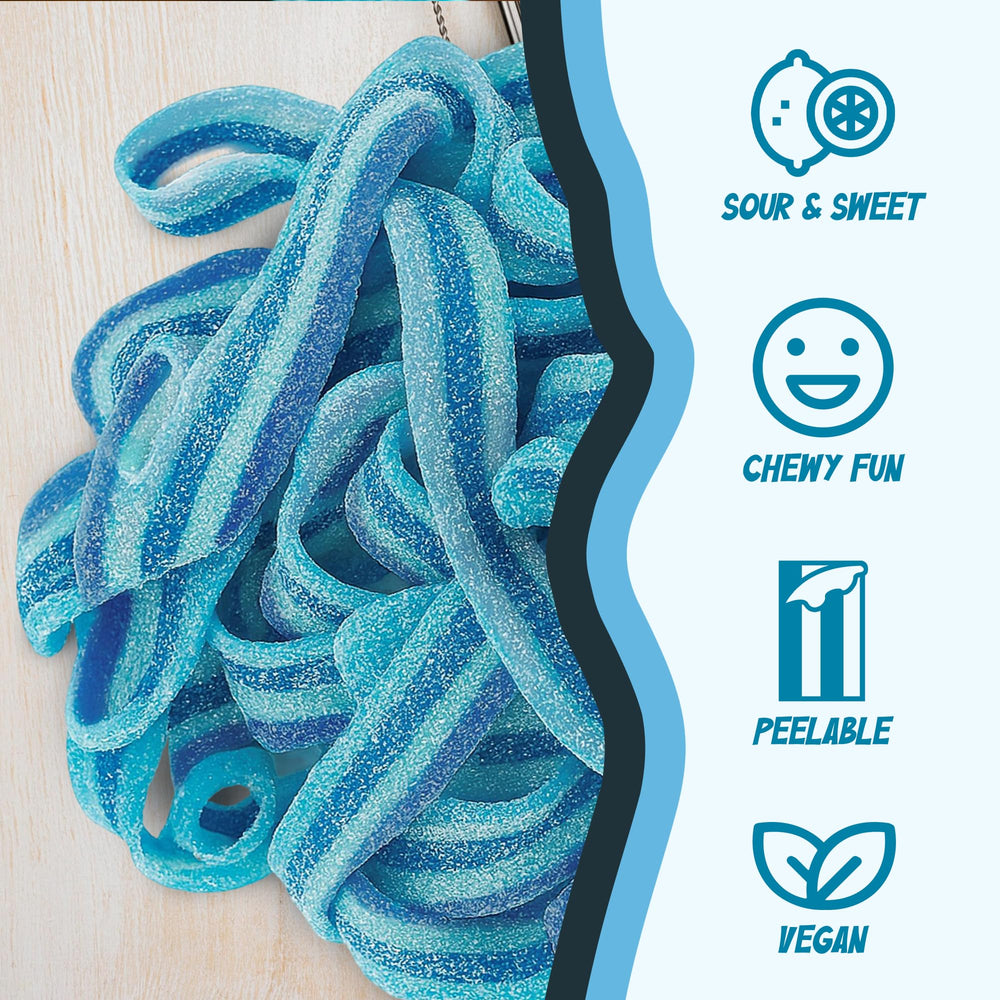 Sour Power Berry Blue Candy Belts colorful display for birthday celebrations.