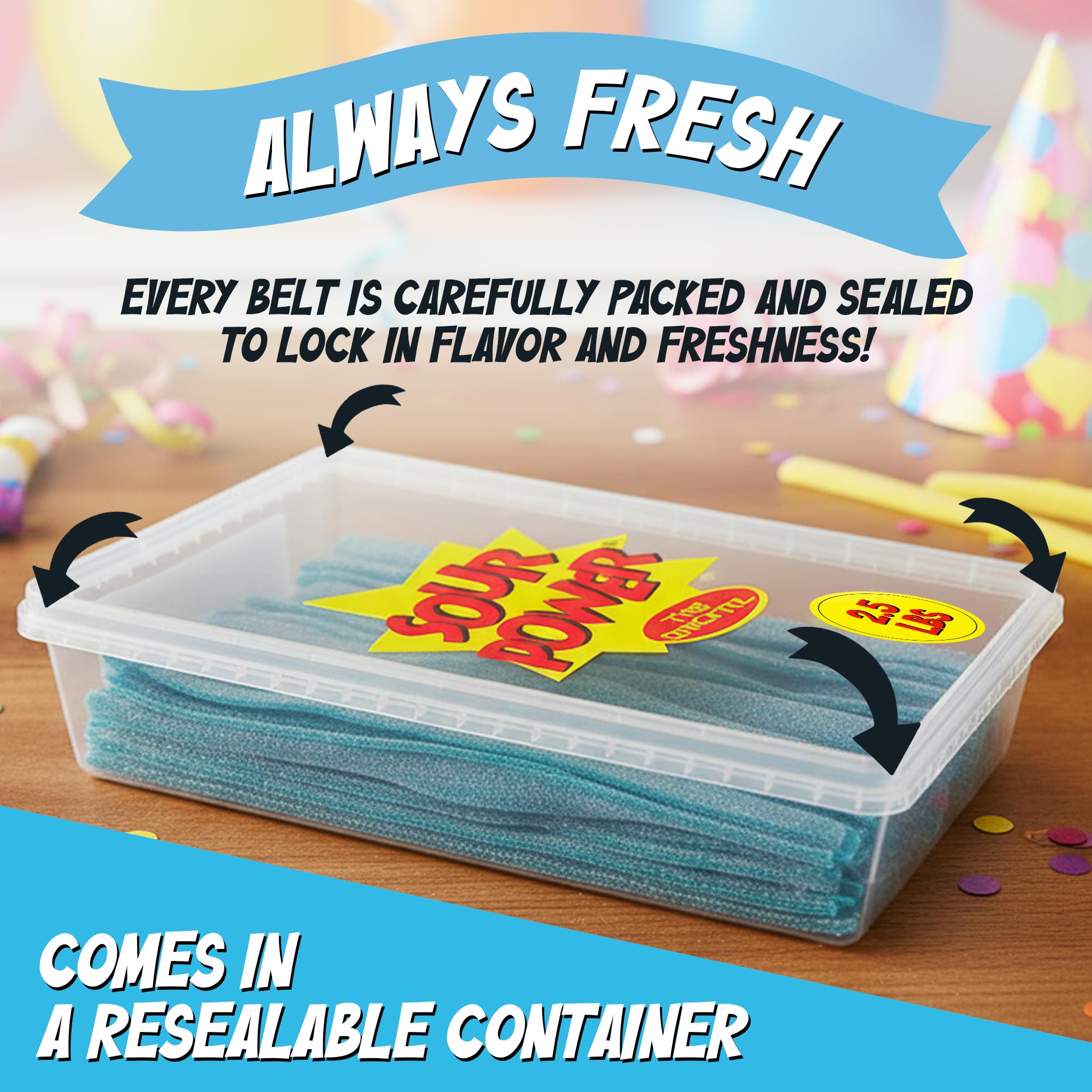 Sour Power Berry Blue Candy Belts resealable tub highlighting freshness and convenience.