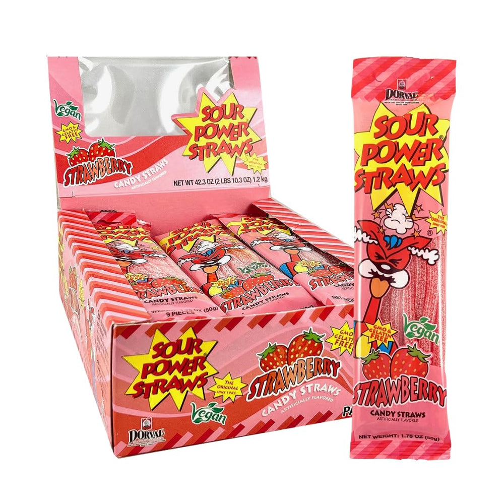 Sour Power Strawberry Straws in a 24-pack, tangy party-friendly treat.