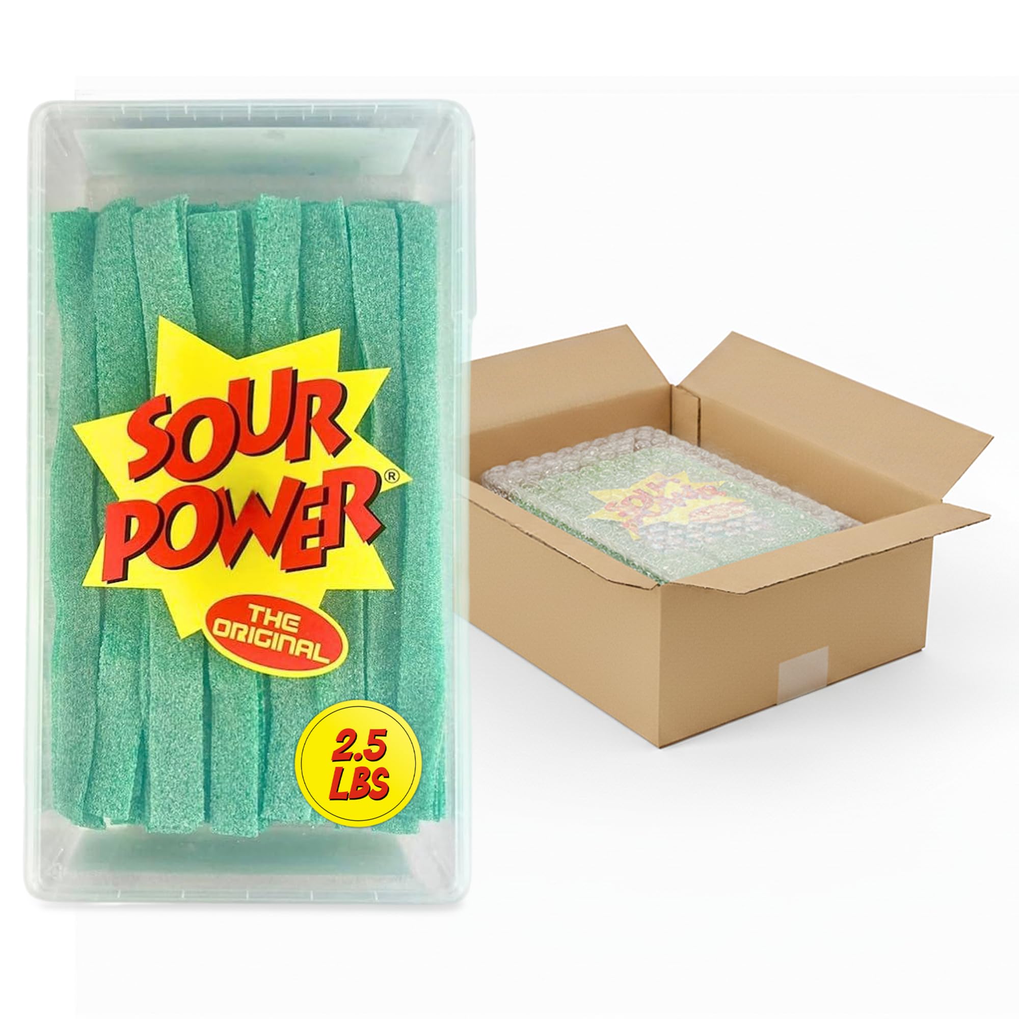 Sour Power Green Apple Candy Belts tub front view, bulk party snack.
