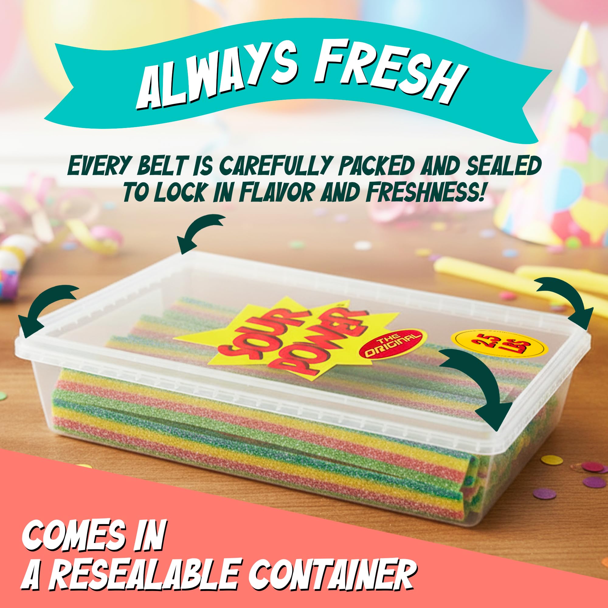 Sour Power Quattro Rainbow Belts with tongs included for easy serving.