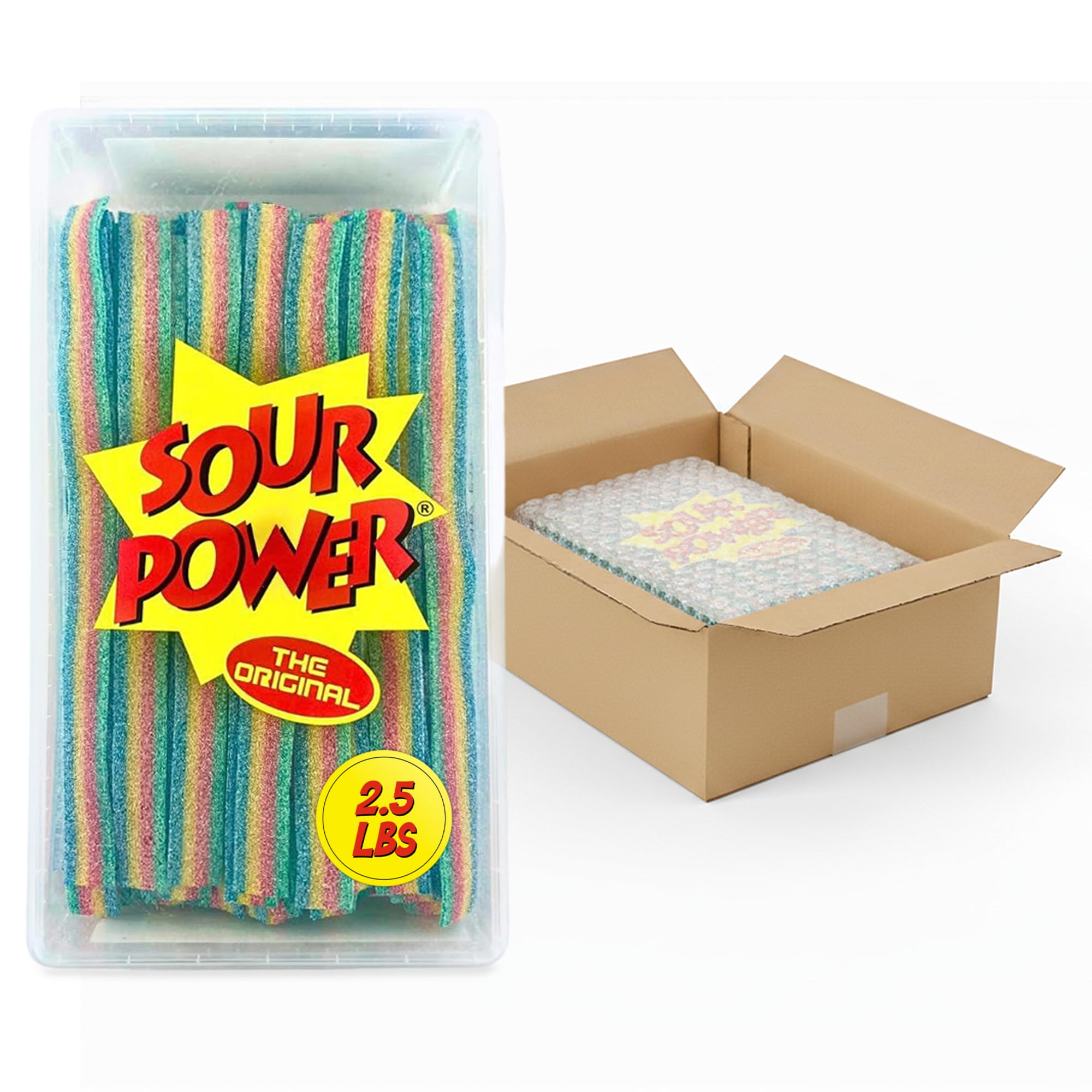 Sour Power Quattro Rainbow Candy Belts tub for bulk snacking and party favors.