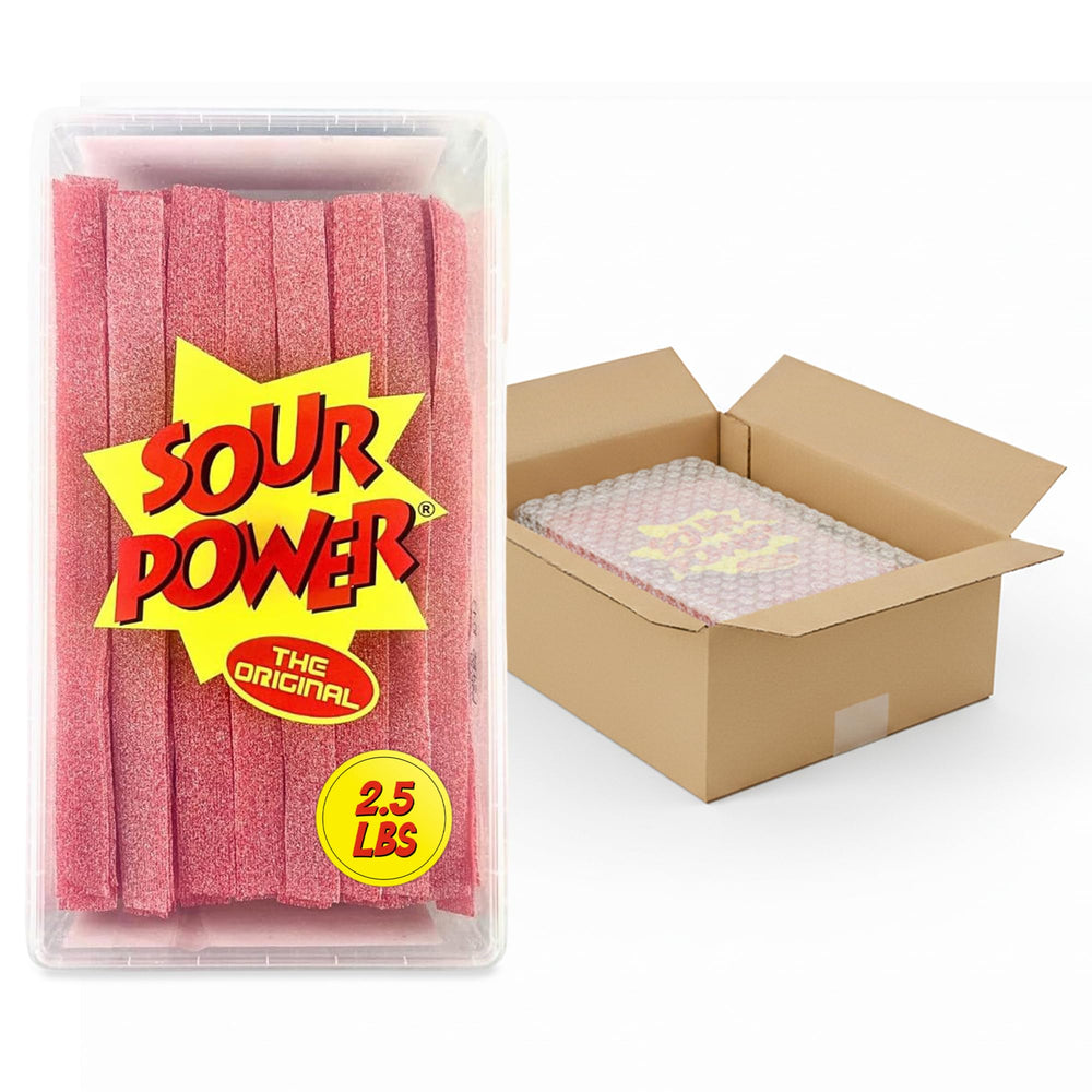 Sour Power Strawberry Candy Belts bulk tub ready for party display and bulk snacking