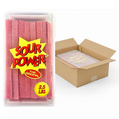 Sour Power Strawberry Candy Belts bulk tub ready for party display and bulk snacking