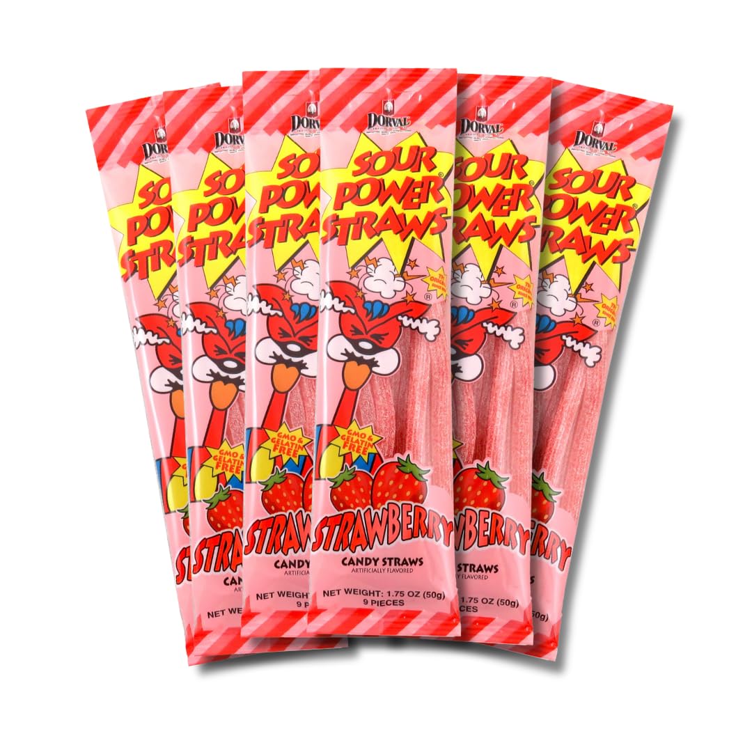 Sour Power Strawberry Candy Straws pack: vegan, non-GMO snacks for on-the-go enjoyment.