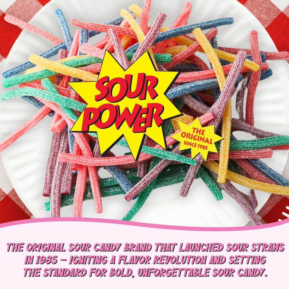 Sour Power Straws pink lemonade pack close-up, citrus sweetness to brighten snacking.