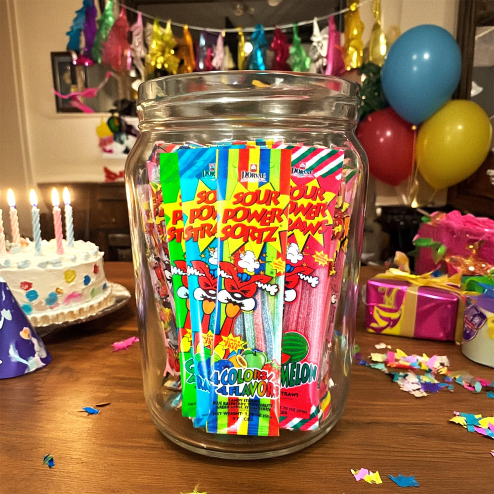 Sour Power Straws sortz fusion pack close-up, variety for tastings.
