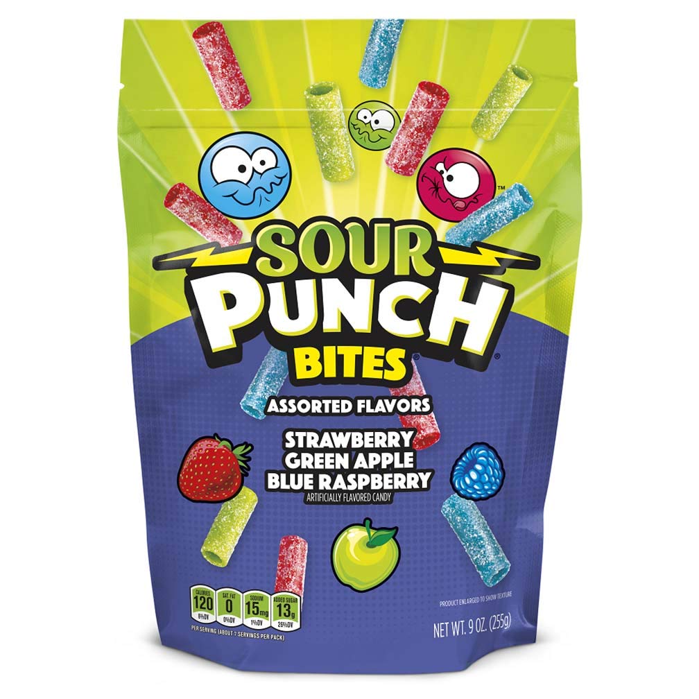Sour Punch Bites blue raspberry pieces show tangy fruit flavor in a chewy bite
