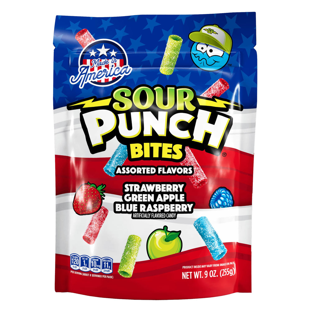 Sour Punch Bites blue raspberry close-up for tangy, fruity snacking on the go.