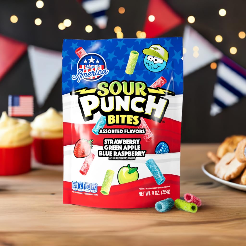 Sour Punch Bites strawberry close-up, vibrant flavor great for sharing with friends.