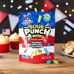 Sour Punch Bites strawberry close-up, vibrant flavor great for sharing with friends.