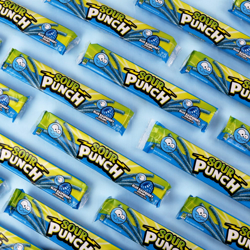 Sour Punch Blue Raspberry Straws bulk-display catches shopper attention