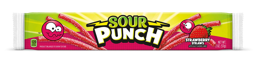 Sour Punch Strawberry Sour Straw tray close-up showing tangy sugar coating