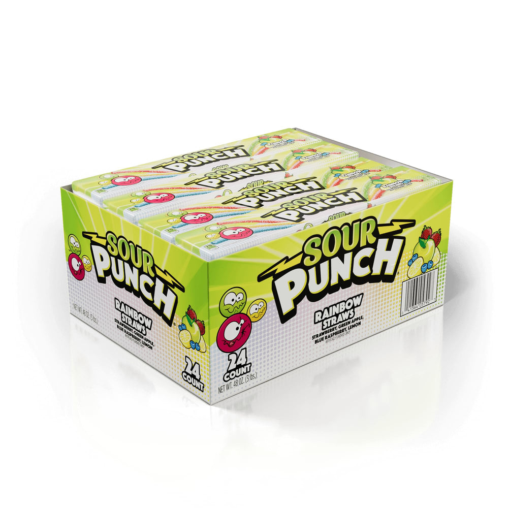 Sour Punch Straws Rainbow Pack displays vibrant colors for a fruity, tangy snack.