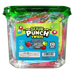 Sour Punch Twists in a lidded tub, four fruity flavors for sharing.