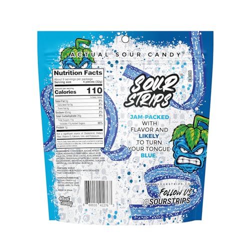 Close-up of SOUR STRIPS blue raspberry chewy candies highlighting tart flavor