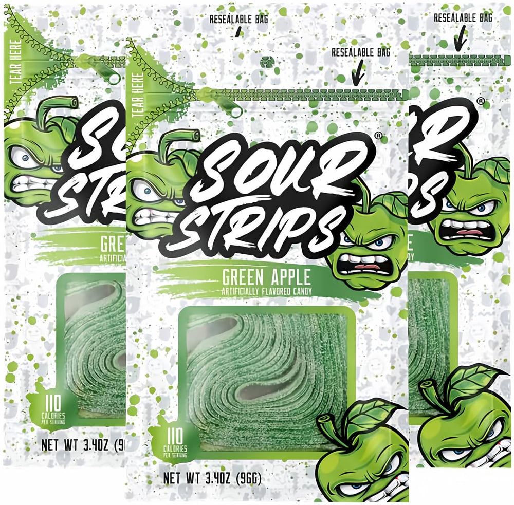 SOUR STRIPS Green Apple belt in resealable bag for on-the-go tangy snacking.