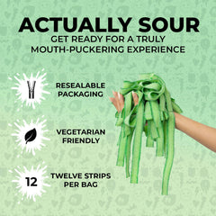 Close-up of Sour Strips Green Apple texture for a tangy treat.