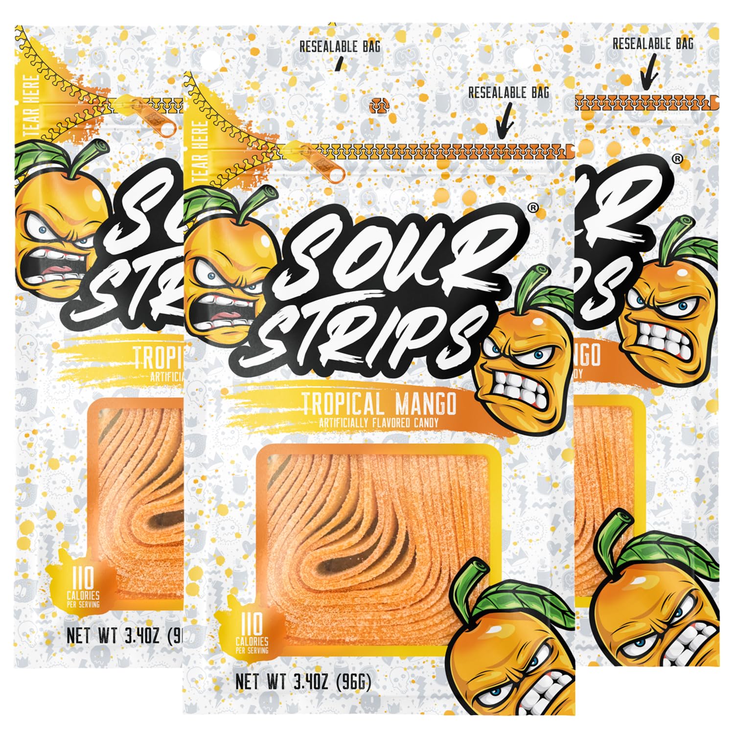 SOUR STRIPS Mango front-pack view with resealable freshness for on-the-go snacking.
