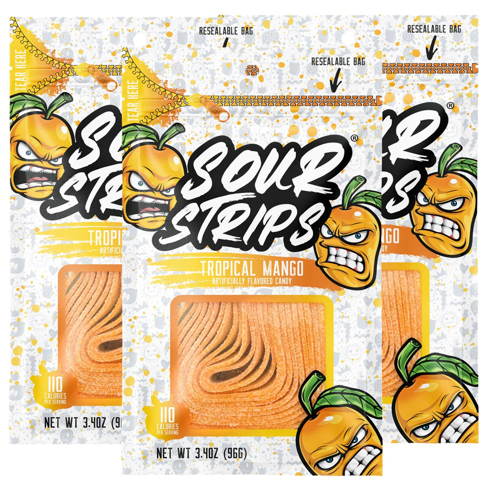 SOUR STRIPS Mango front-pack view with resealable freshness for on-the-go snacking.