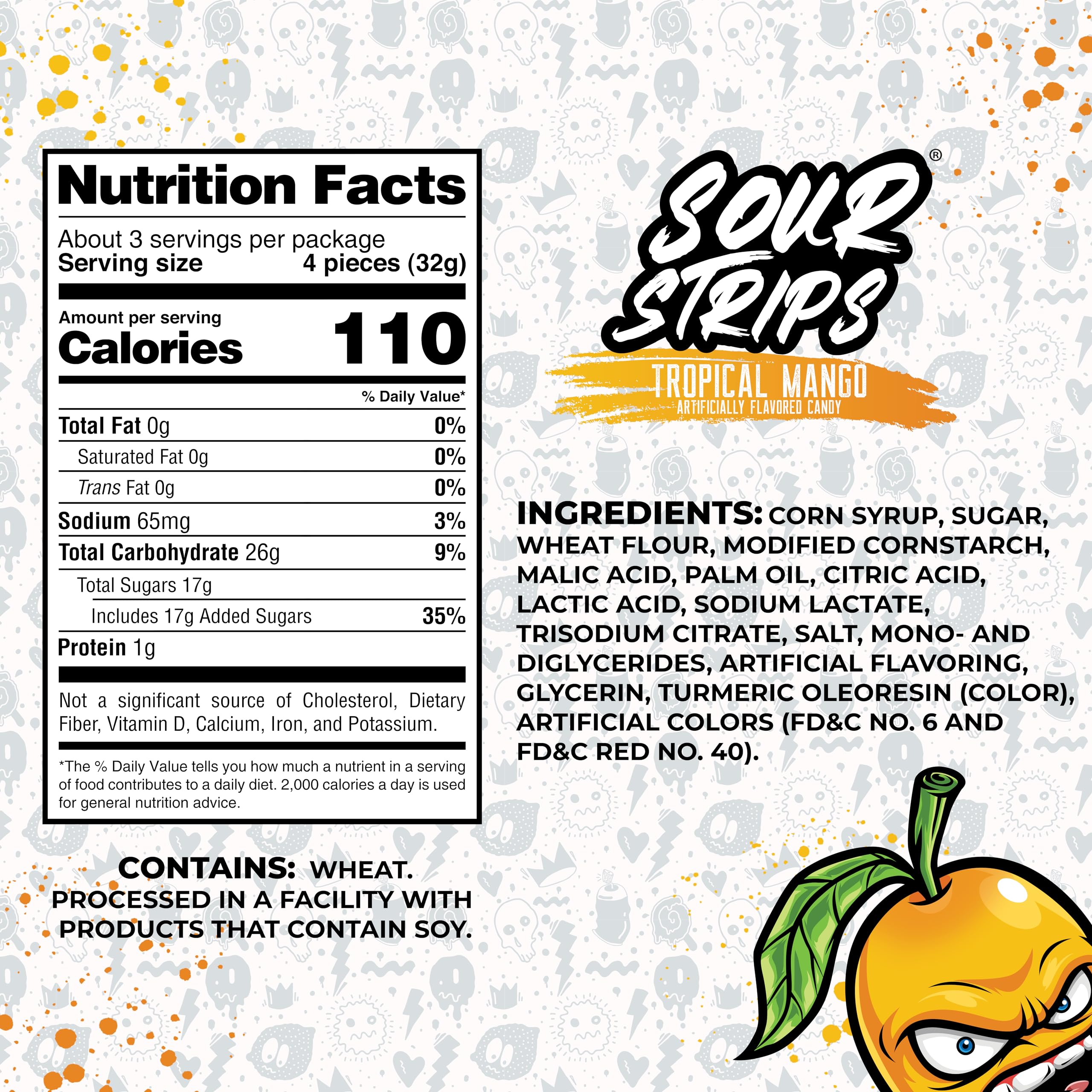 SOUR STRIPS Mango close-up shows resealable bags for lasting tangy flavor.