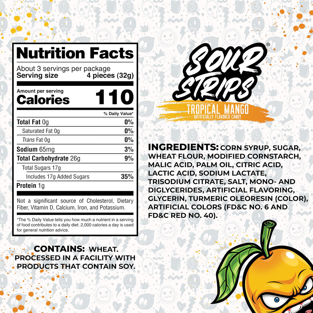 SOUR STRIPS Mango close-up shows resealable bags for lasting tangy flavor.