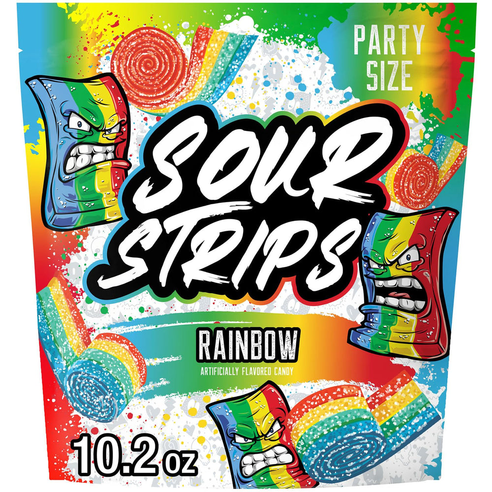 SOUR STRIPS rainbow chewy candy in a party bag for sharing.
