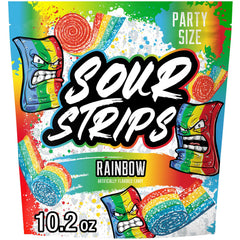 SOUR STRIPS rainbow chewy candy in a party bag for sharing.