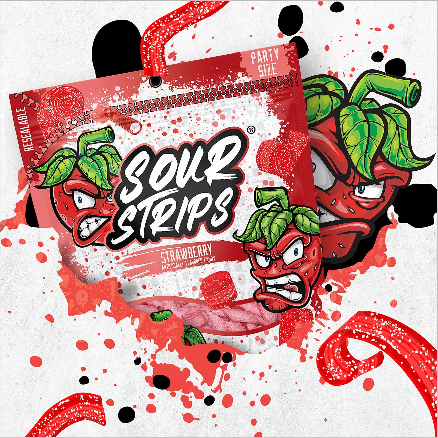 SOUR STRIPS strawberry candy during road trips, a bright chewy pick-me-up.