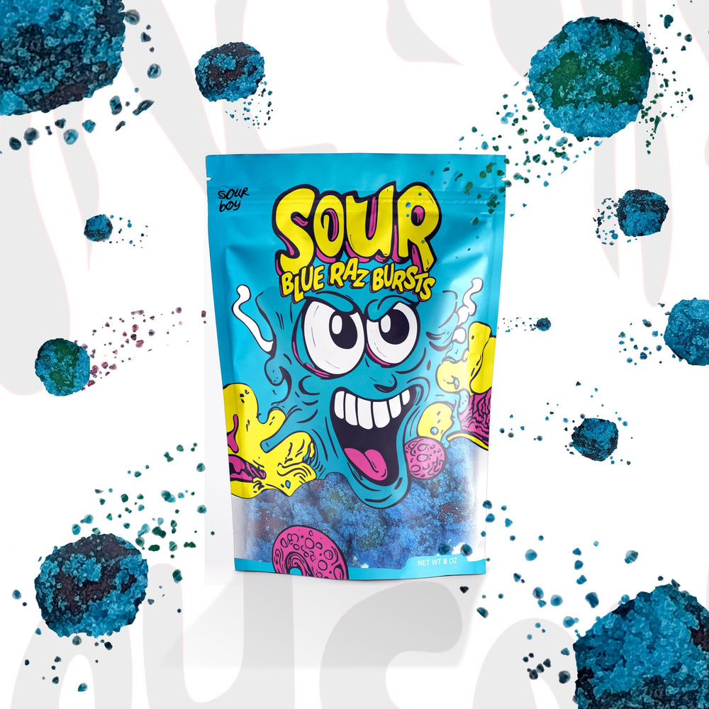 Sourboy Blue Raspberry Gushers open bag reveals vivid blue centers.