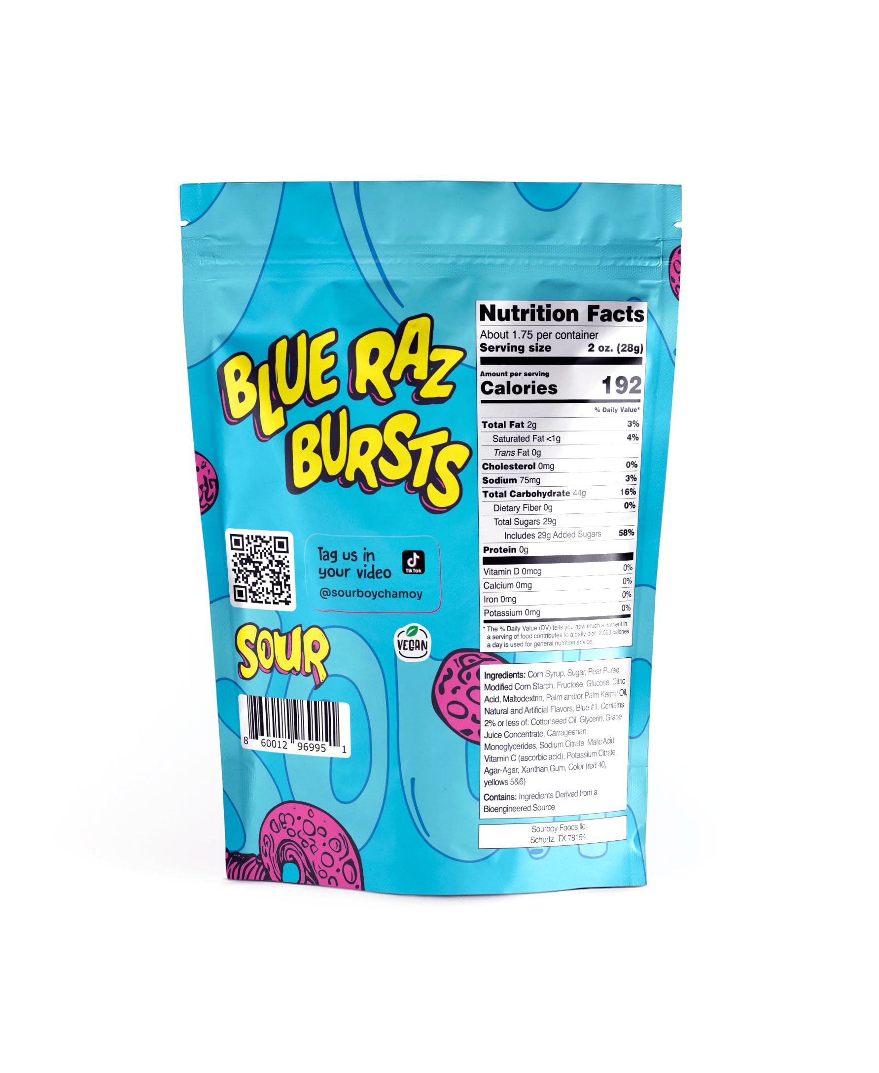 Sourboy Blue Raspberry Gushers close-up shows juicy centers and sour coating.