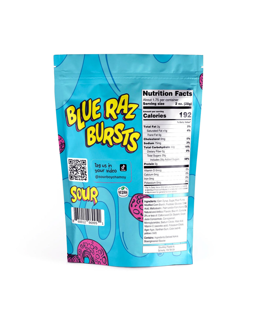 Sourboy Blue Raspberry Gushers close-up shows juicy centers and sour coating.