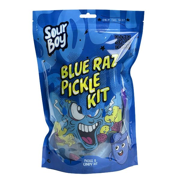 Sourboy Blue Raspberry Pickle close-up, bold tangy-sweet centerpiece for party snacks