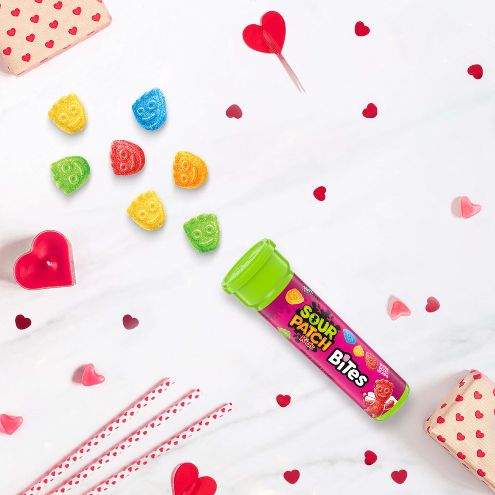 Sour Patch Kids Bites on dessert sprinkles, colorful Valentine's topper idea.