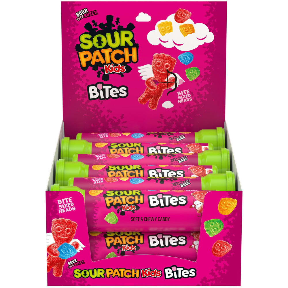 Sour Patch Kids Bites Valentine tubes front view, portable sour then sweet snack.
