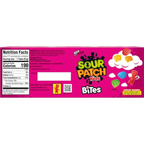 Sour Patch Kids Bites Valentine tubes pack showcases twelve 1.8 oz tubes.