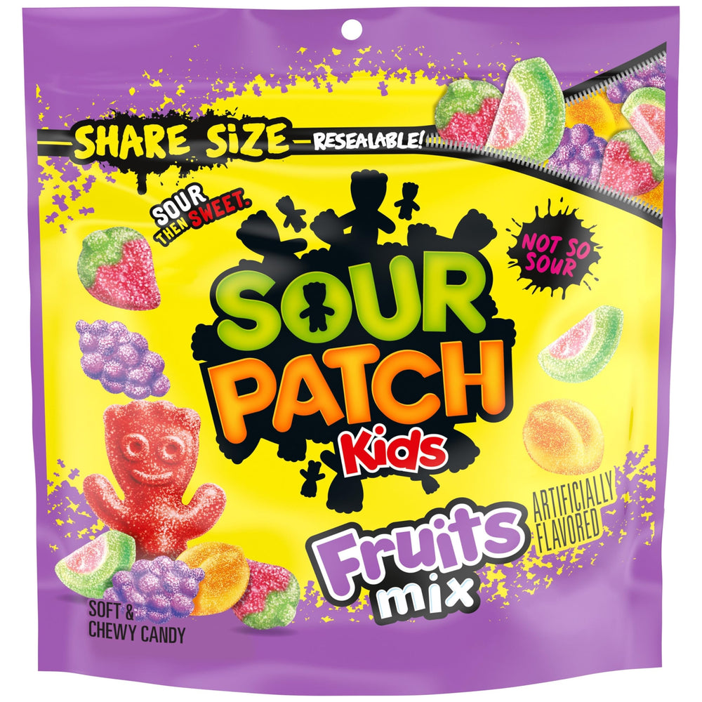 SOUR PATCH KIDS Fruits Mix bag shows soft, chewy candies ideal for sharing.