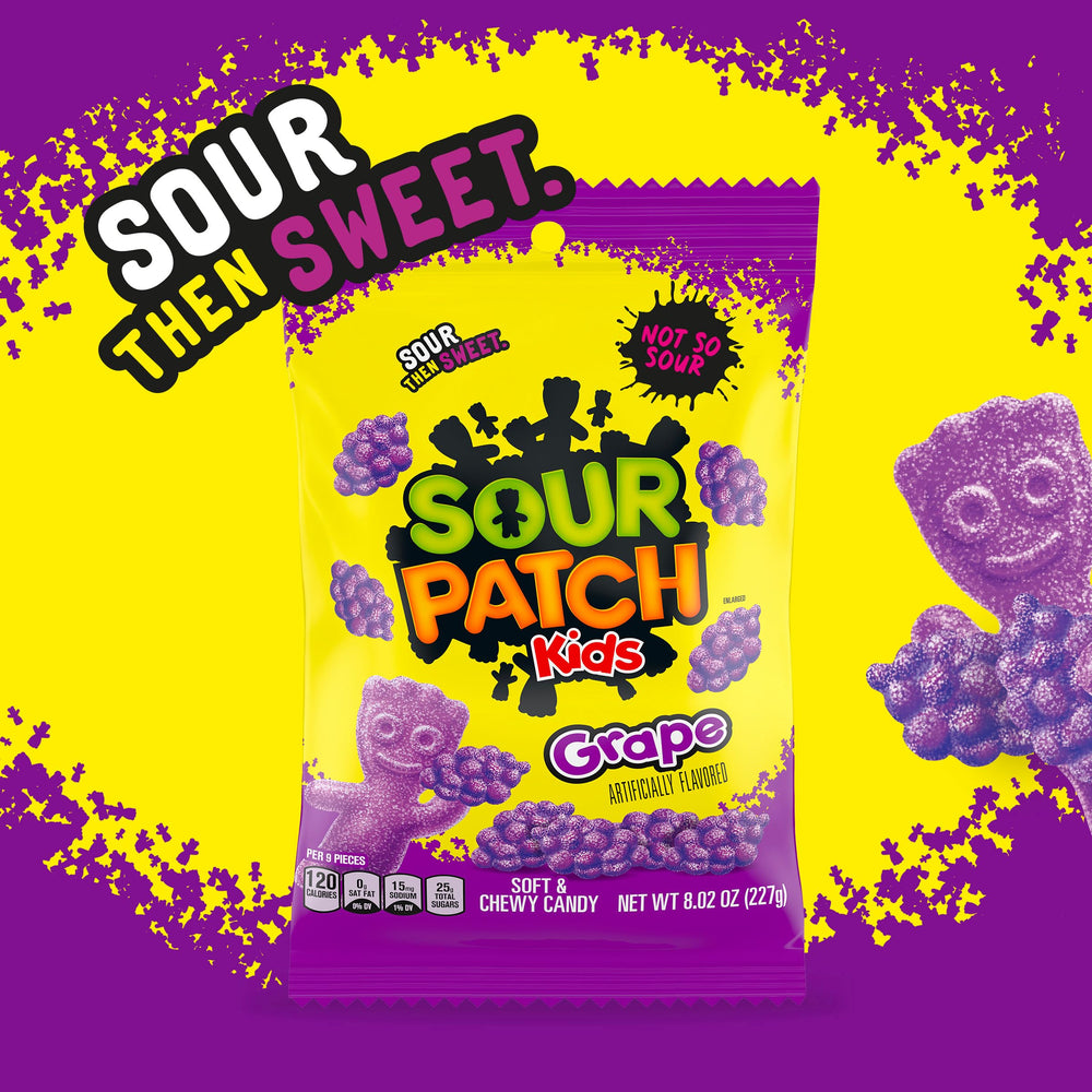 Sour Patch Kids Grape displayed in a jar for easy grabbing