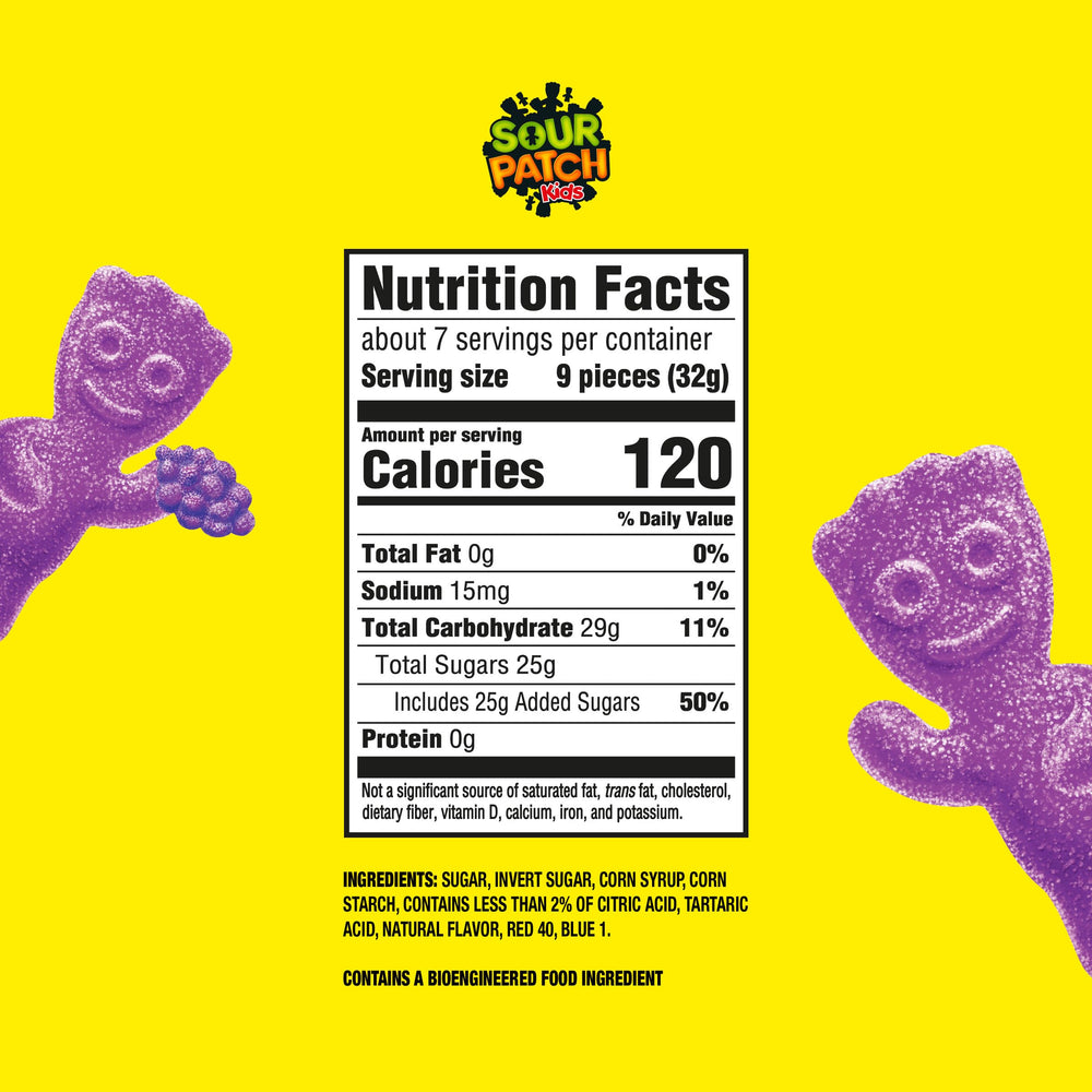 Sour Patch Kids Grape pack shot highlights the chewy texture and vibrant color