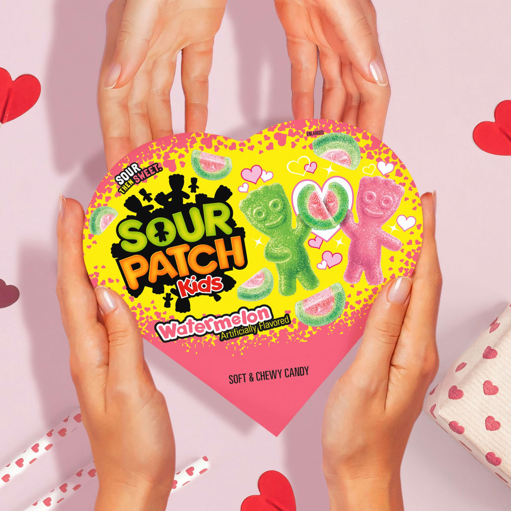 Sour Patch Kids Watermelon Valentine display shows six-pack assortment for gifting or party favors