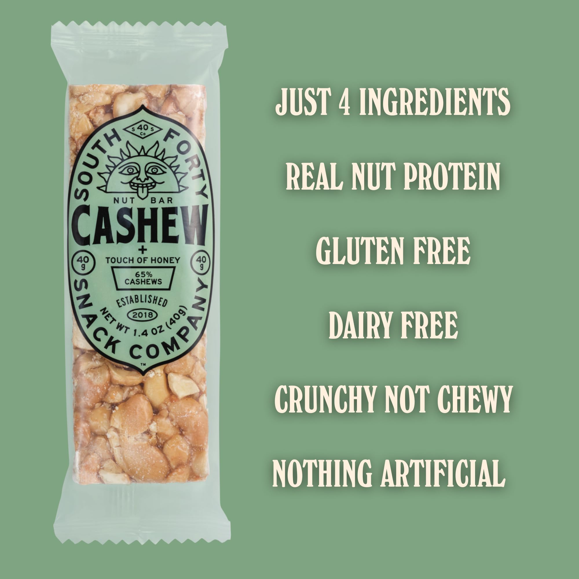 South 40 Cashew Bar in hand indicates convenient 40g portion
