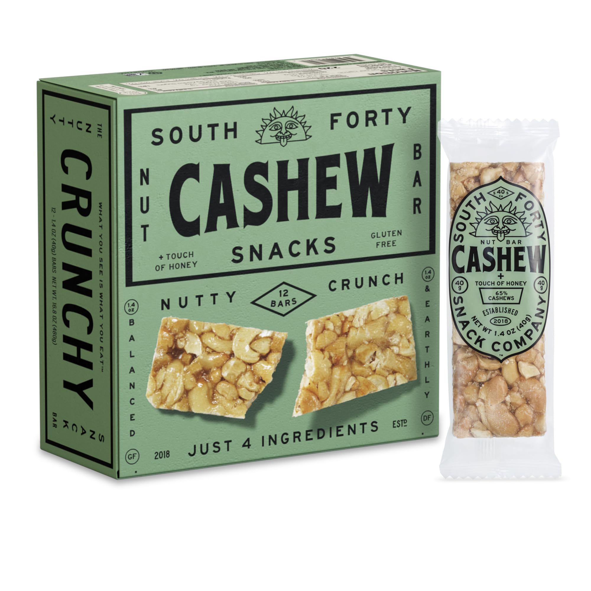 South 40 Crunchy Cashew Bar close-up highlighting real ingredients and texture